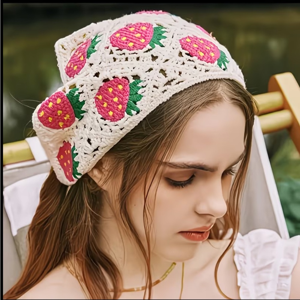 White Crochet Strawberry Beanie - Women Accessories